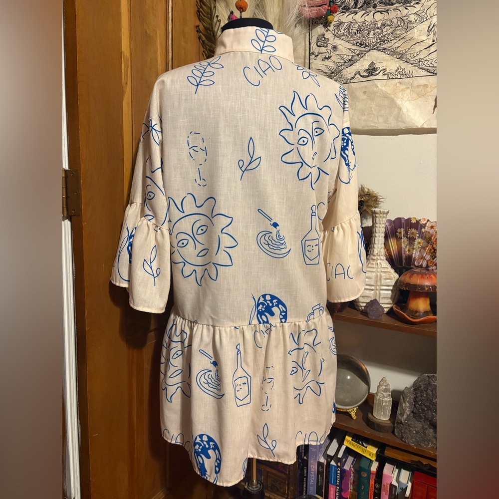 Cummense Ciao Wine Cream Blue Graphic Babydoll Ruffle Dress Medium - Picture 7 of 10